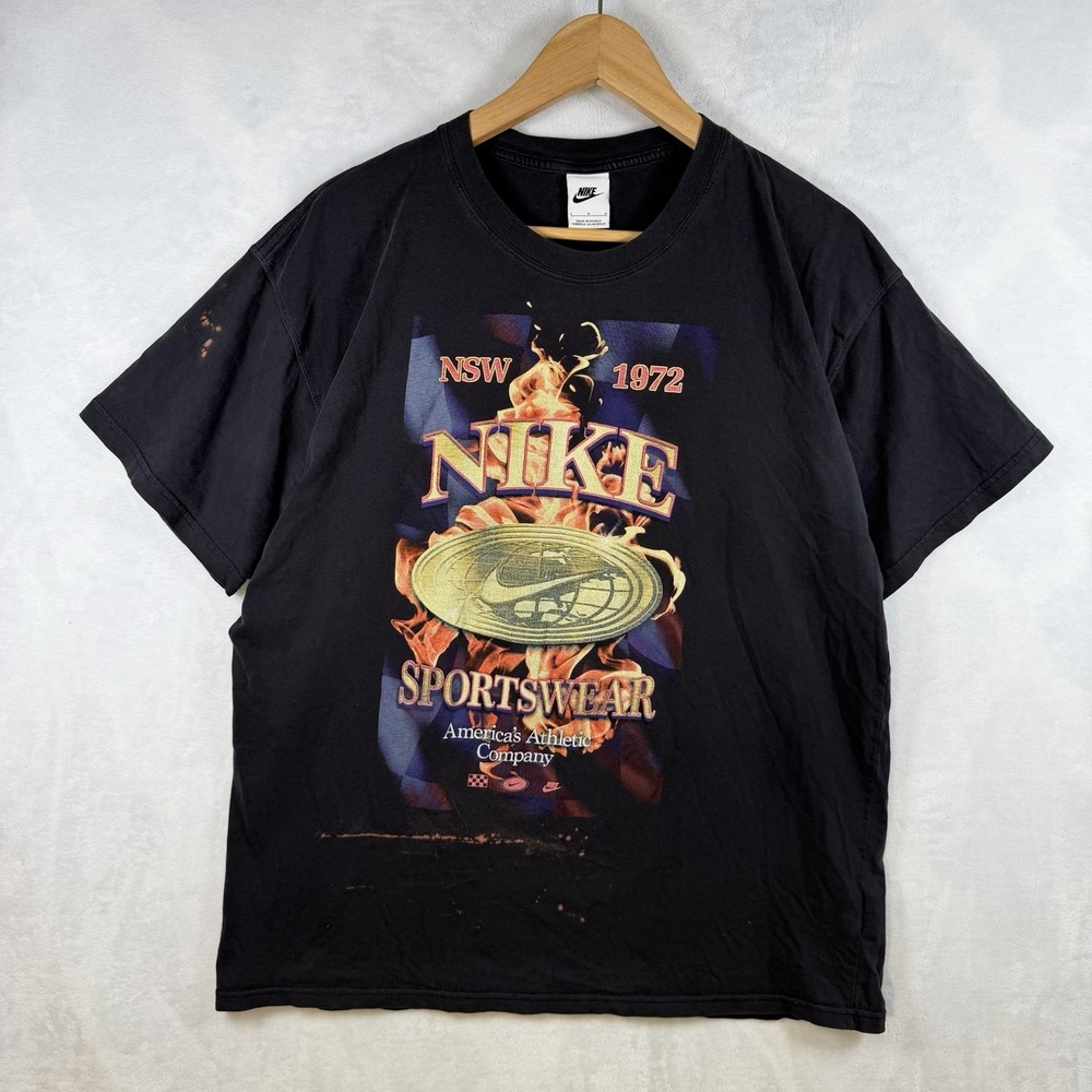 Y2K Nike NSW 1972 Flame Graphic T-Shirt Black Size Large Double Sided